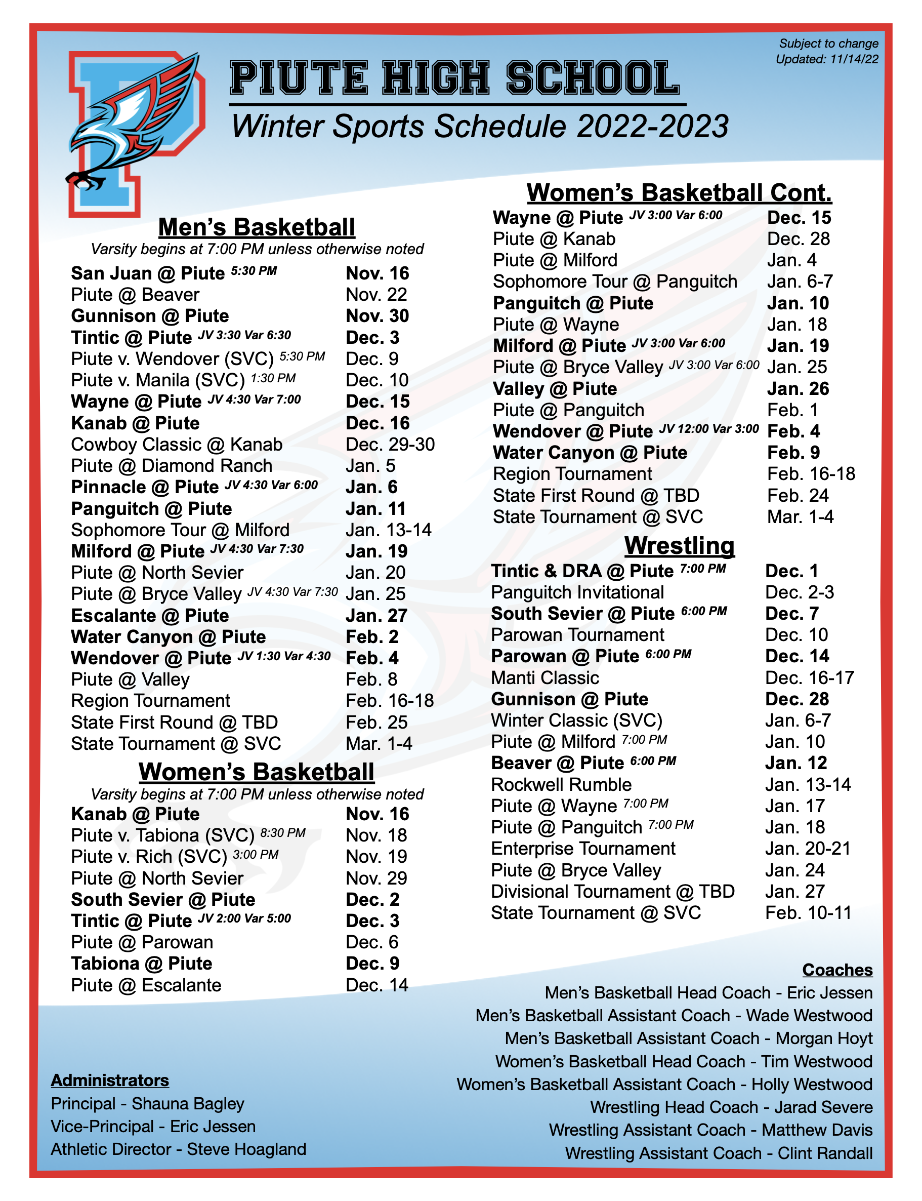 Winter Sports Schedule SY23